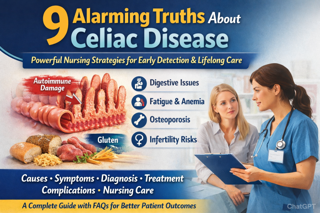 Medical infographic showing intestinal villi damage in celiac disease, gluten-containing foods, common symptoms like anemia and digestive issues, and a nurse educating a patient about lifelong gluten-free management