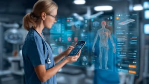 “A modern nursing student studying with smartphone and tablet showing nursing apps dashboard, NCLEX preparation screen, anatomy 3D model, medication guide, and study planner. Background includes hospital clinical environment, blue medical theme, realistic lighting, ultra detailed, professional healthcare education style, SEO optimized blog banner, 2560x1440 pixels.”
