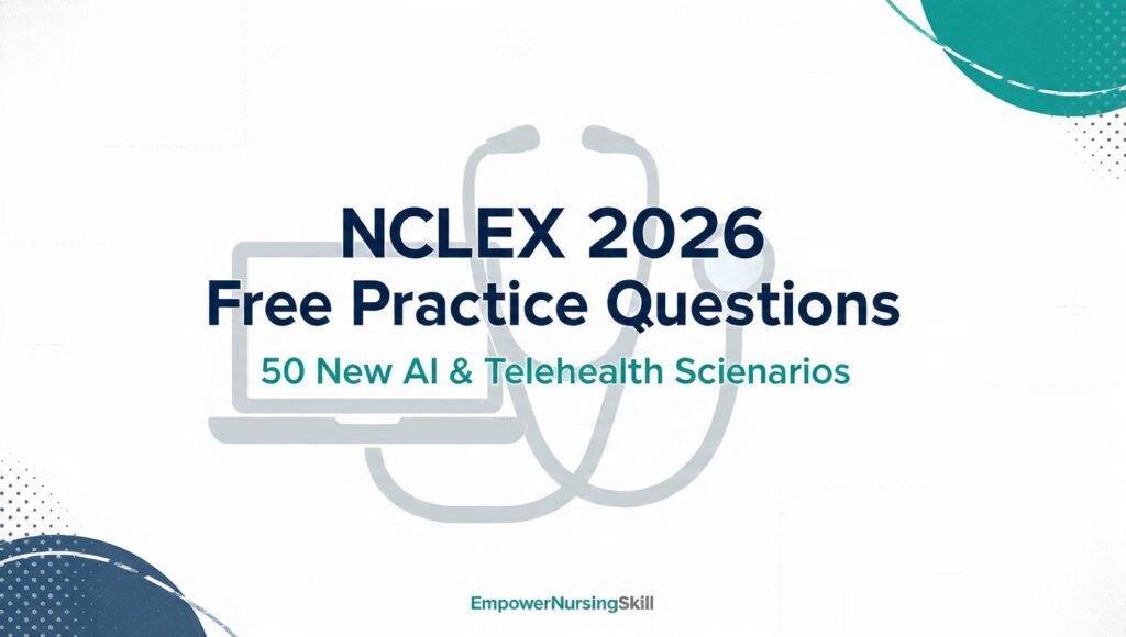 NCLEX 2026 free practice questions featured image with AI and telehealth scenarios for nursing students