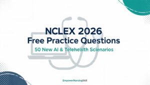 NCLEX 2026 free practice questions featured image with AI and telehealth scenarios for nursing students