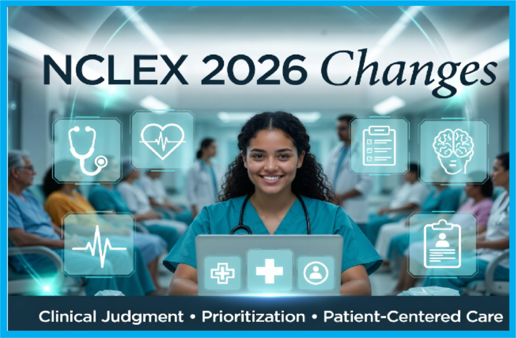 Nursing student preparing for NCLEX 2026 Changes with modern exam study materials
