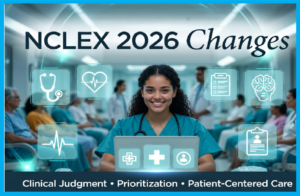 Nursing student preparing for NCLEX 2026 Changes with modern exam study materials
