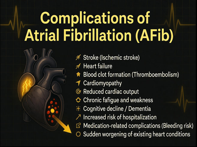 Medical illustration showing complications of atrial fibrillation including stroke, heart failure, blood clots, and reduced cardiac output