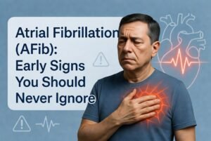 Man holding chest experiencing atrial fibrillation symptoms (AFib) irregular heartbeat warning signs