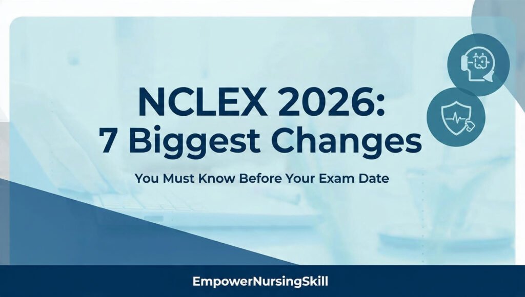 NCLEX 2026 7 biggest changes infographic showing AI alerts, telehealth and clinical judgment updates for nursing students