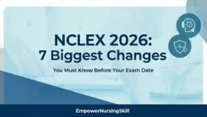NCLEX 2026 7 biggest changes infographic showing AI alerts, telehealth and clinical judgment updates for nursing students